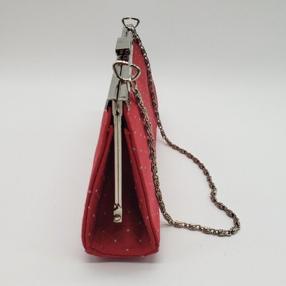 Red Faux Satin Silver Rhinestone Diamond Pattern Chain or Strap Handled Purse - Picture 9 of 12